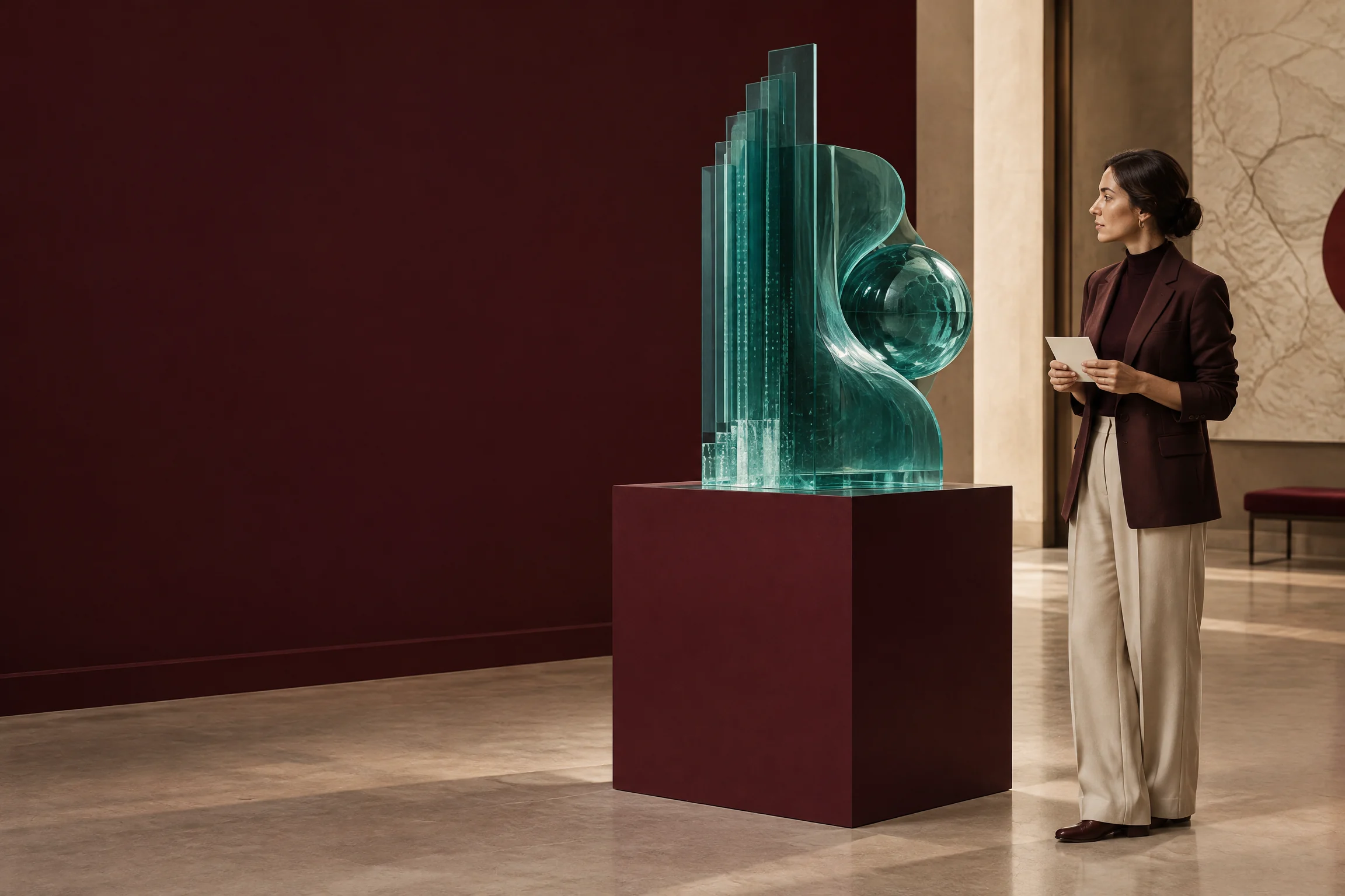 Analyst next to a teal translucent signal sculpture in a gallery