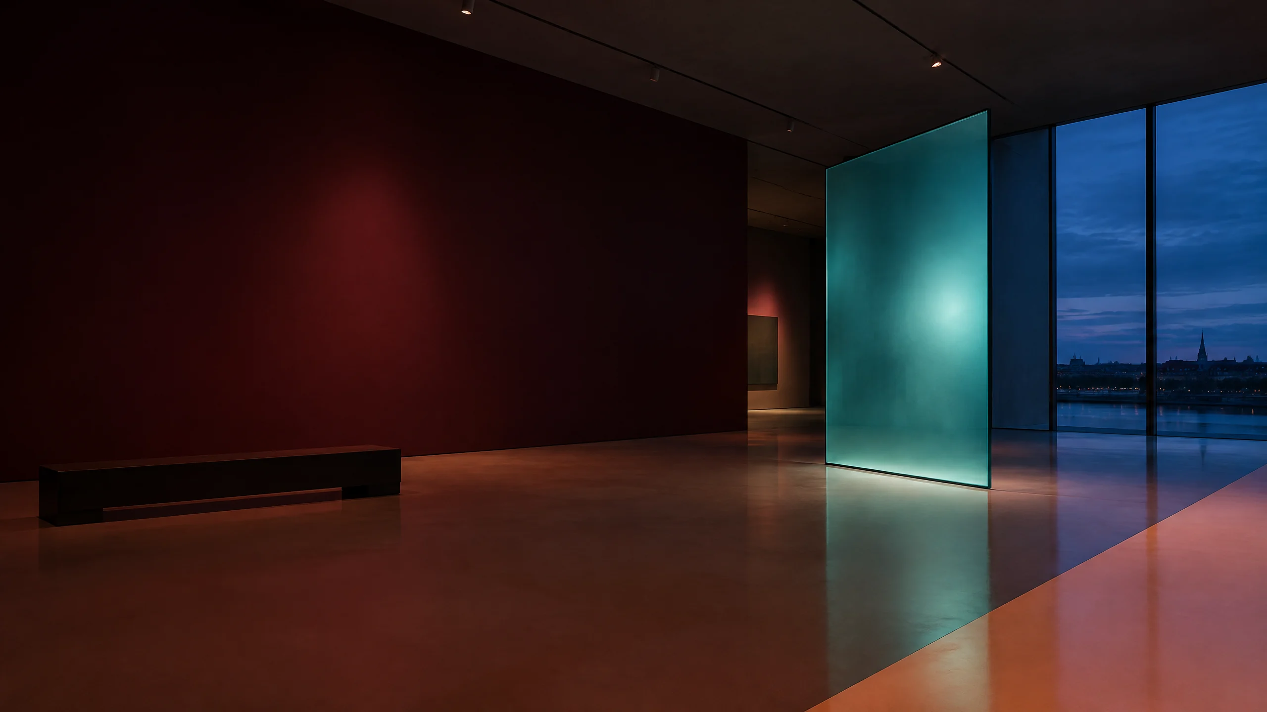 Evening contemporary exhibition room with a teal glass panel