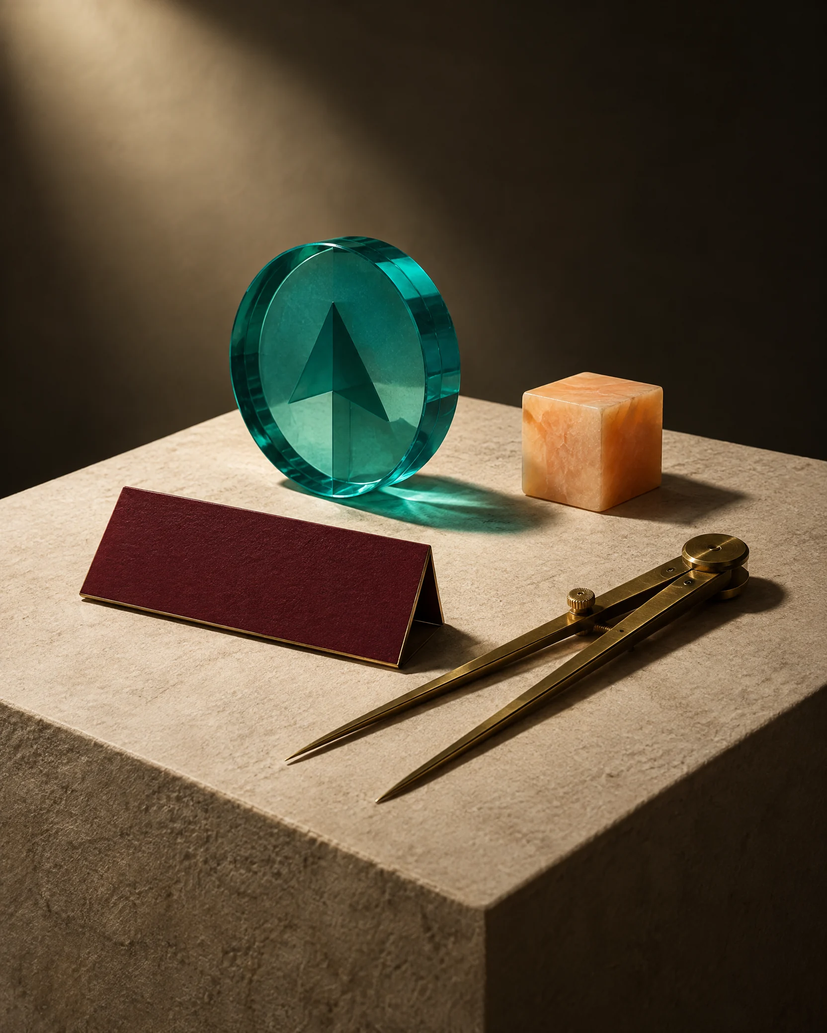 Teal signal token and apricot cube on a parchment display plinth