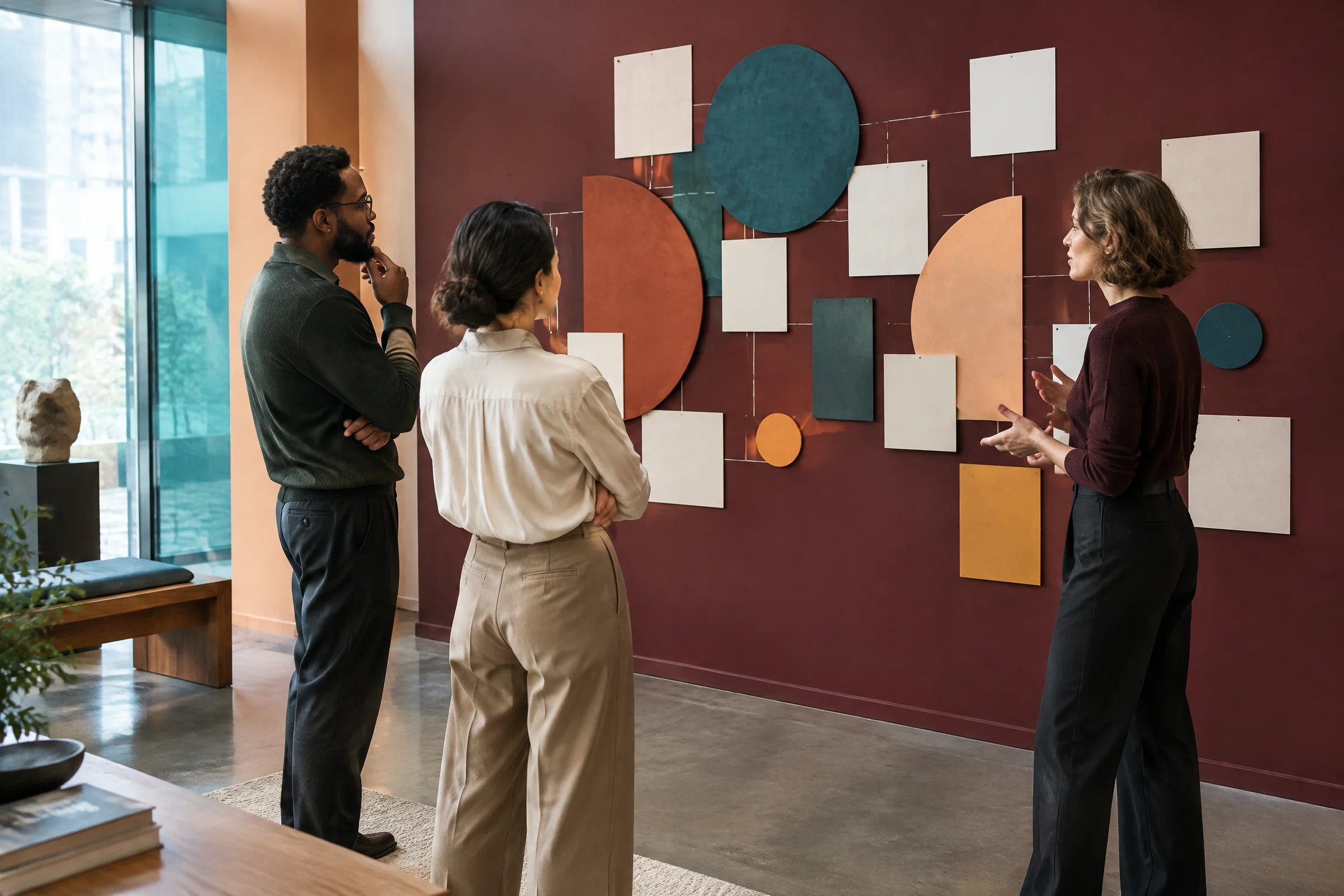 Three professionals viewing an abstract data composition in a gallery room