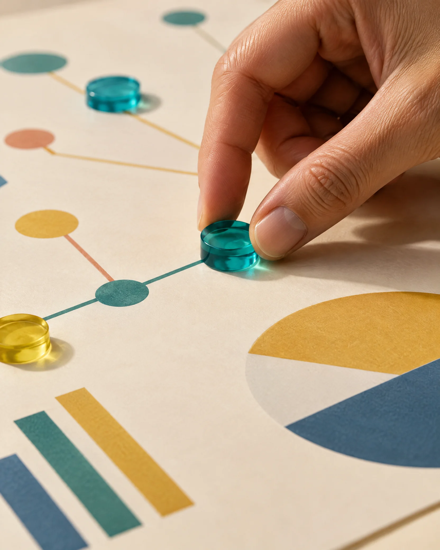Hand placing a teal marker on an abstract chart display