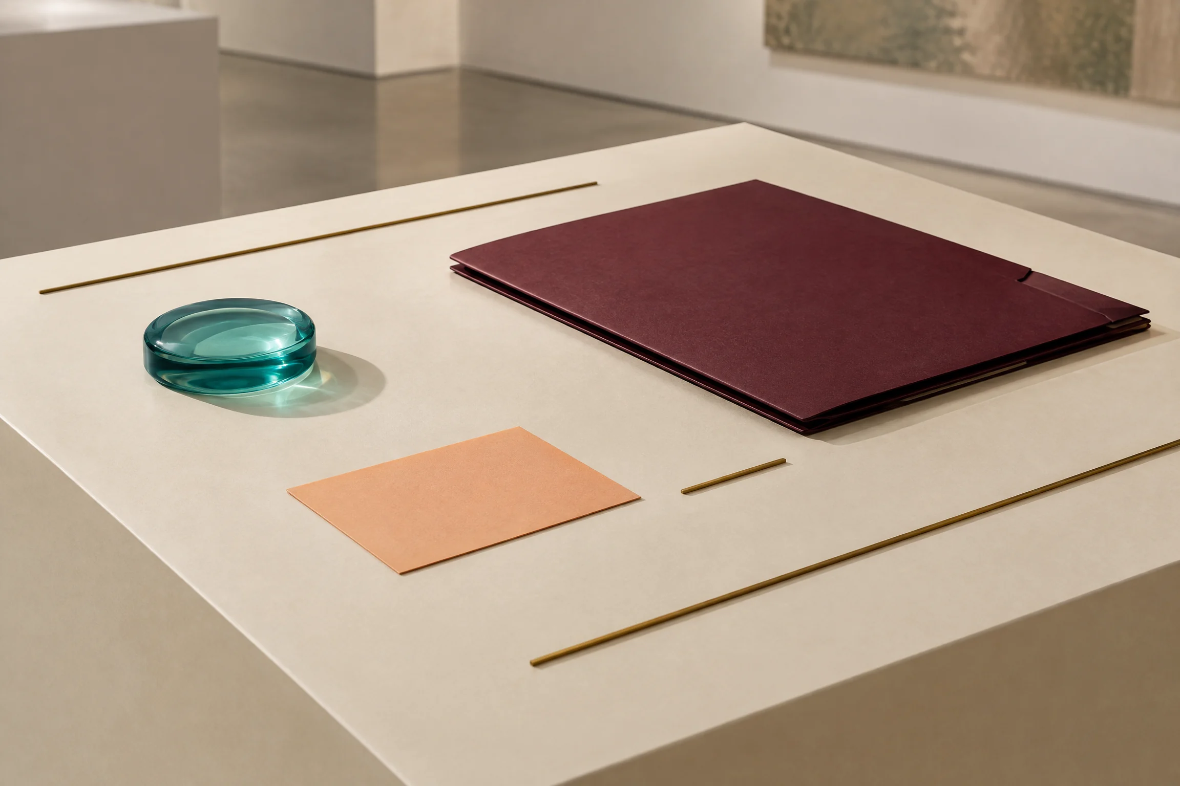Teal glass lens and source materials on an archive display table