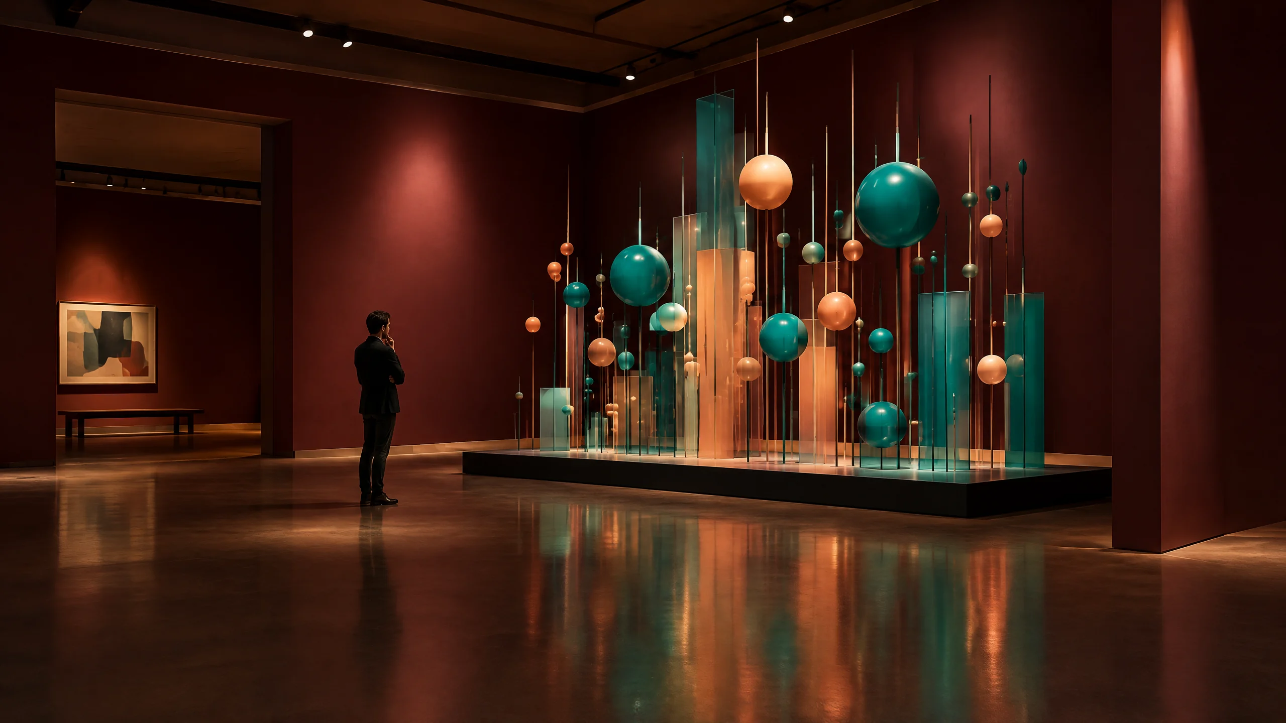 Analyst reviewing abstract data installation after hours