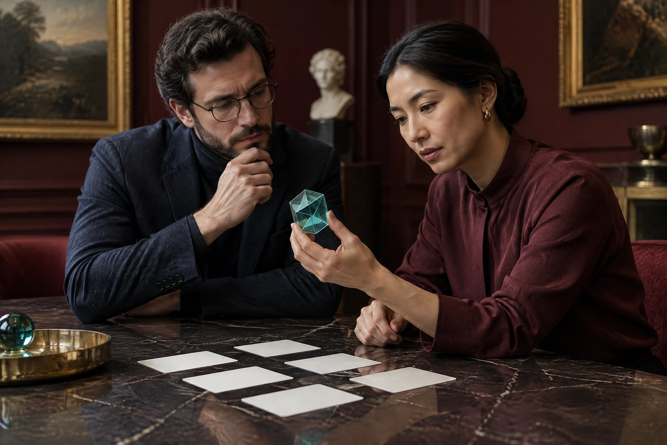 Two professionals reviewing a transparent teal decision artefact