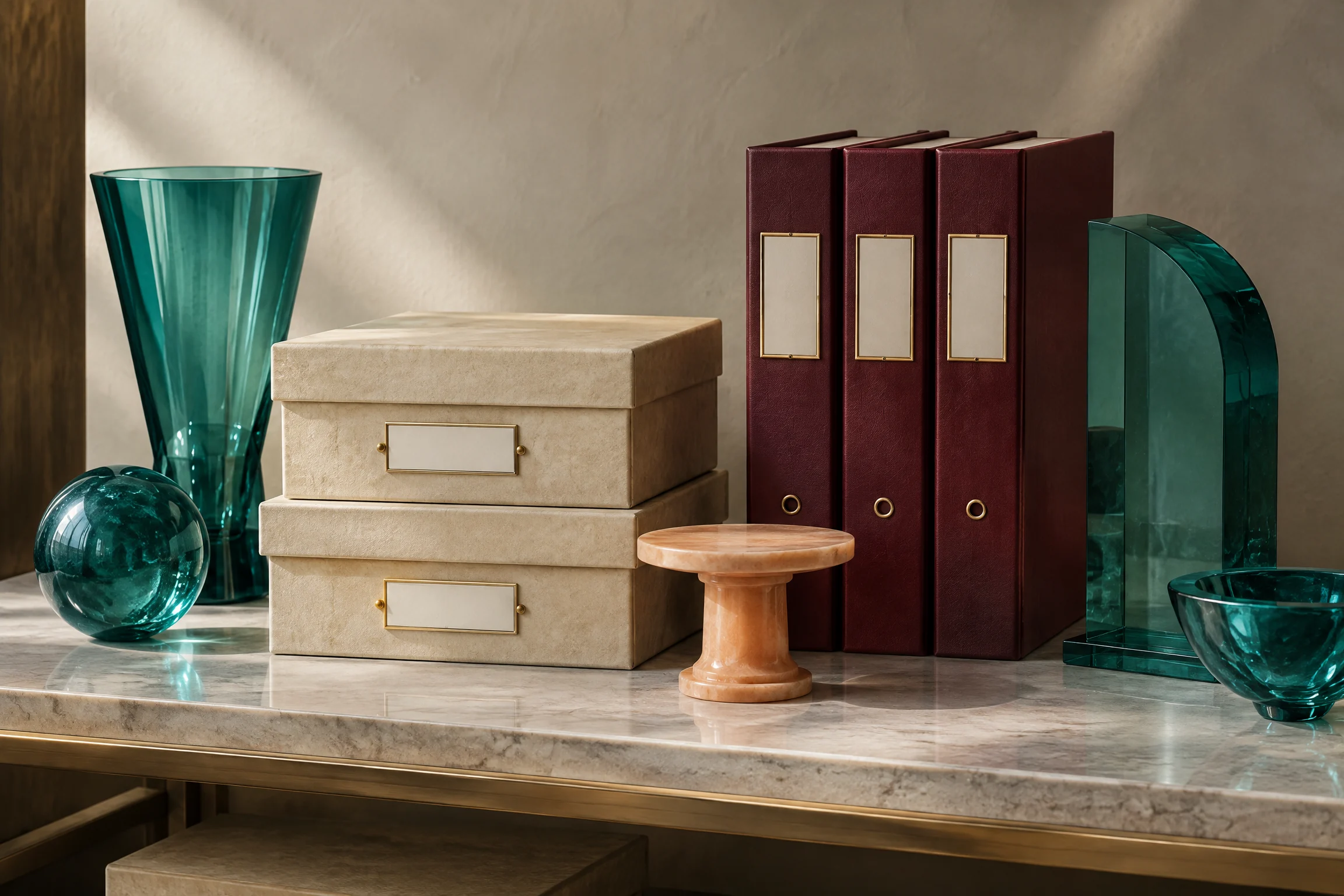 Curator shelf with teal objects and evidence materials